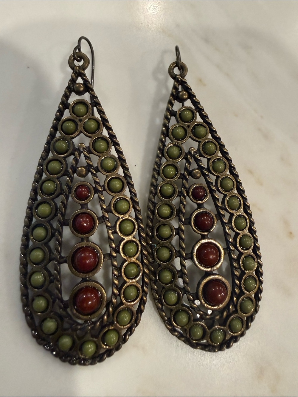 Boho Teardrop Dangle Earrings - Green and Red Accents